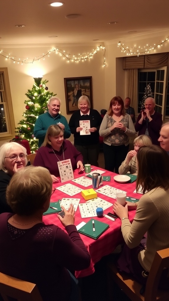Guests enjoying affordable Christmas party games in a decorated room.